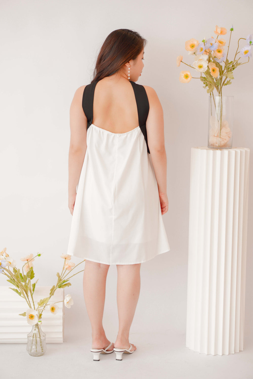 Classic Charm Halter Dress in White with Black Lining