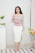 Rico Ruched Bodycon Midi Skirt in Cream
