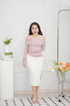 Rico Ruched Bodycon Midi Skirt in Cream