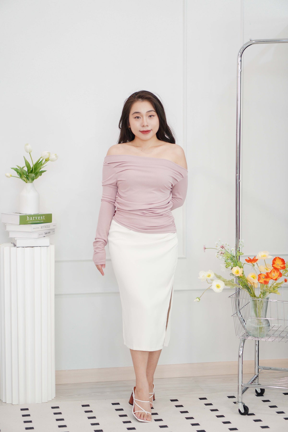Rico Ruched Bodycon Midi Skirt in Cream