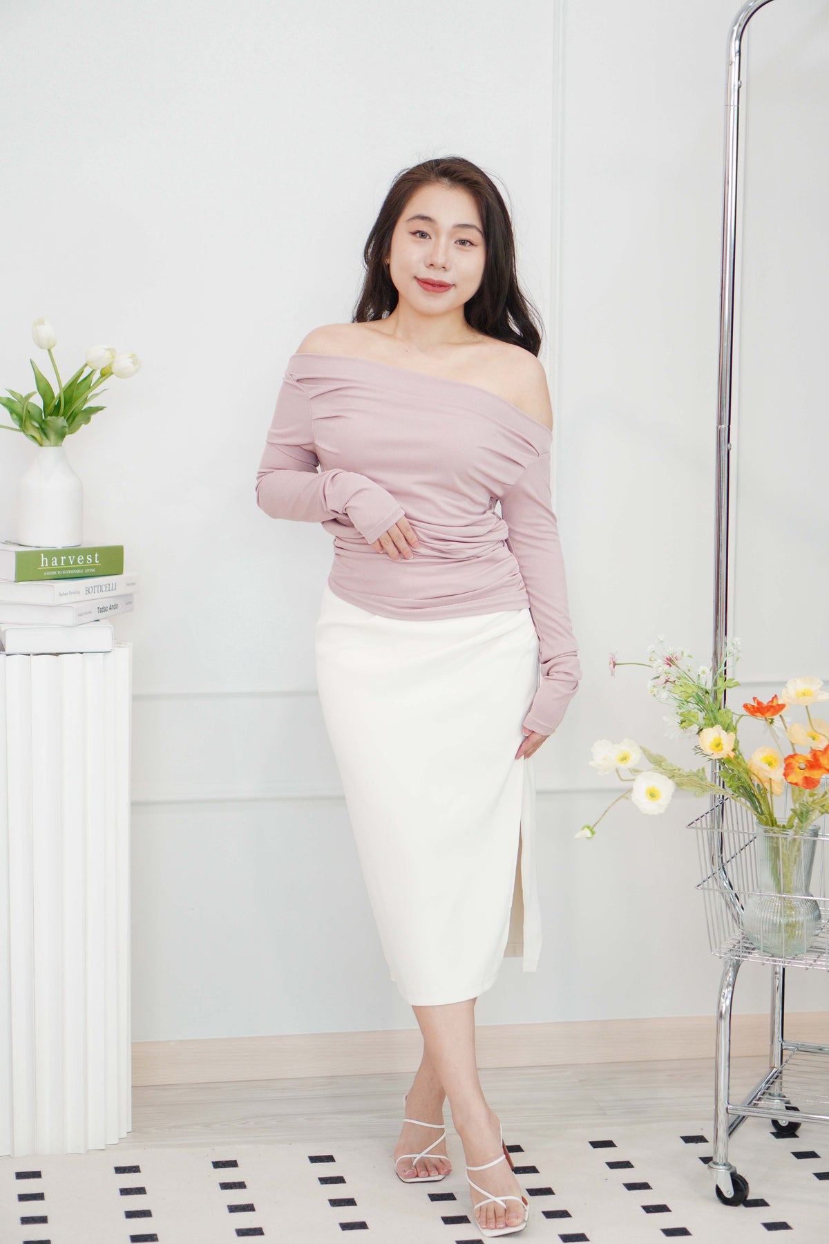 Rico Ruched Bodycon Midi Skirt in Cream