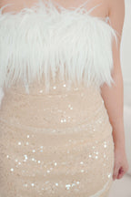 Cassis Sequin Bodycon Dress with Feather in Beige