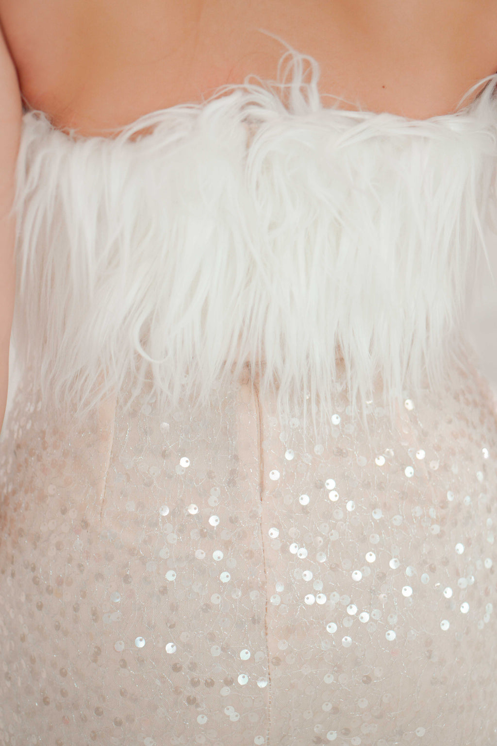 Cassis Sequin Bodycon Dress with Feather in Beige