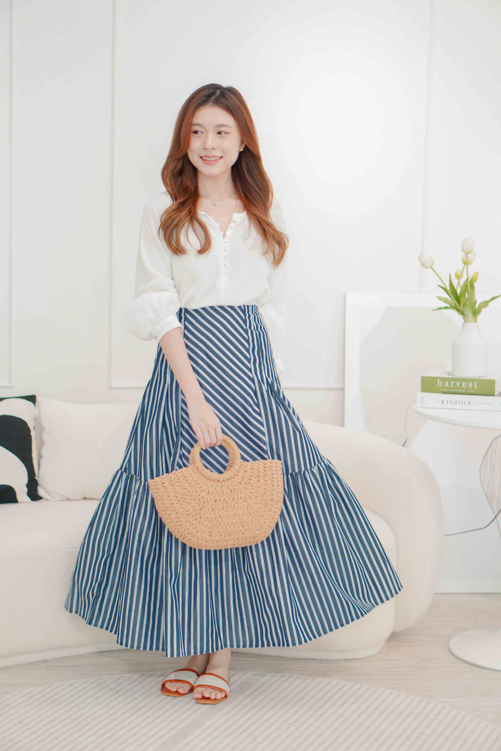 (BACKORDER) Naya Flowy Stripes Maxi Skirt in Blue