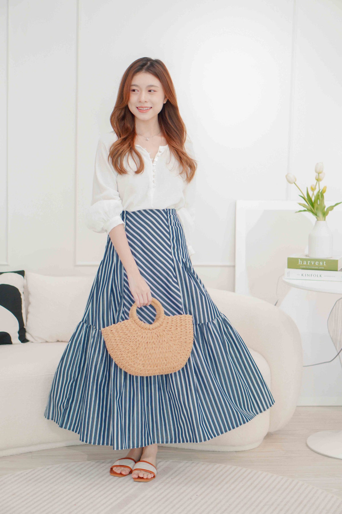 (BACKORDER) Naya Flowy Stripes Maxi Skirt in Blue
