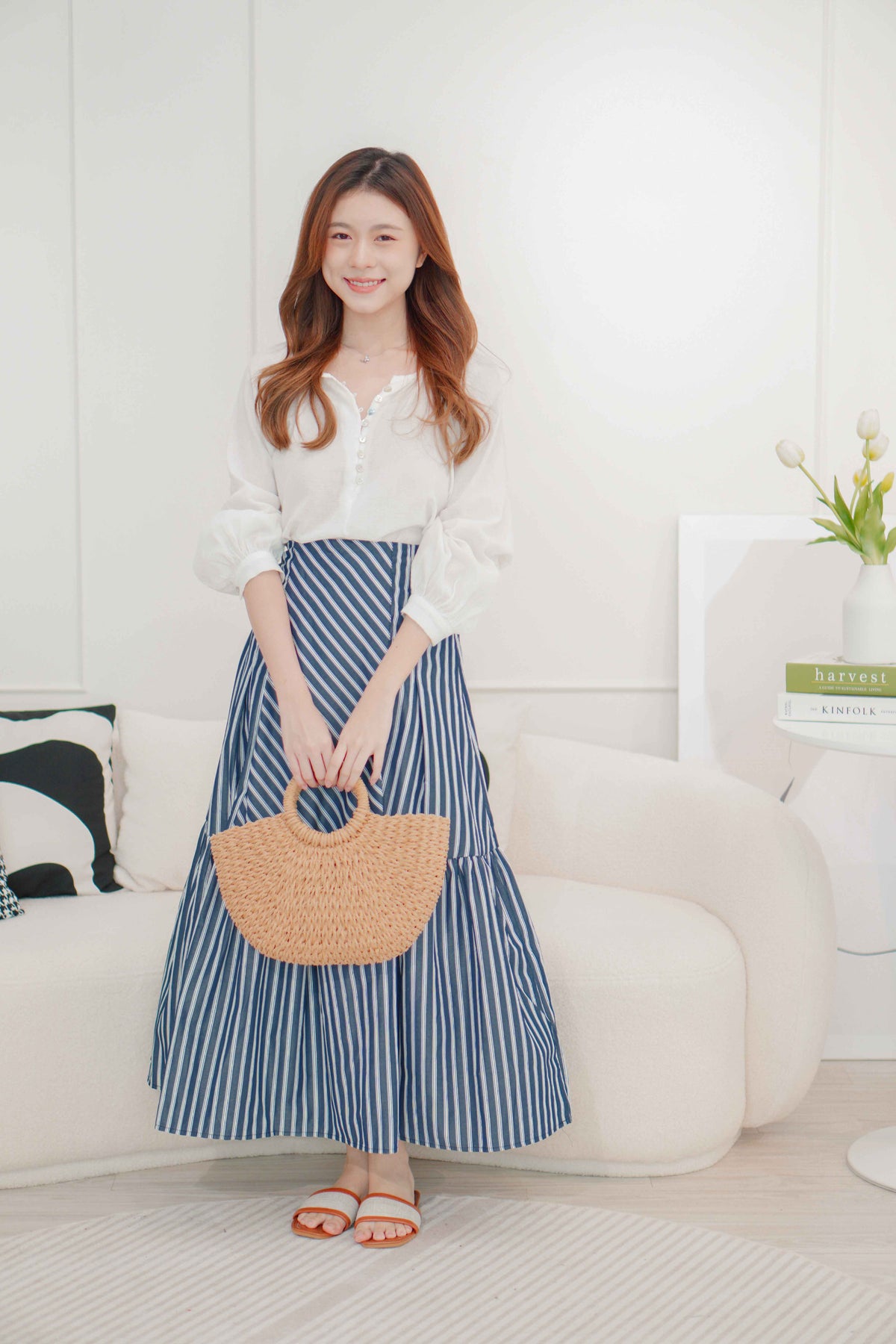 (BACKORDER) Naya Flowy Stripes Maxi Skirt in Blue