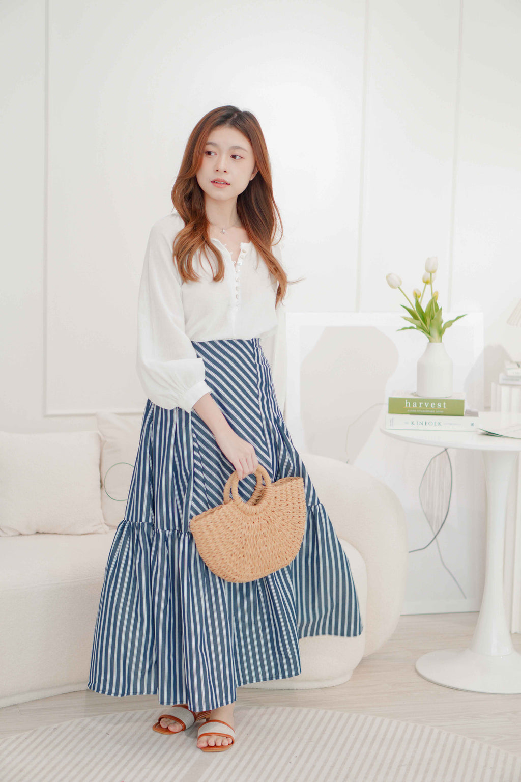 (BACKORDER) Naya Flowy Stripes Maxi Skirt in Blue