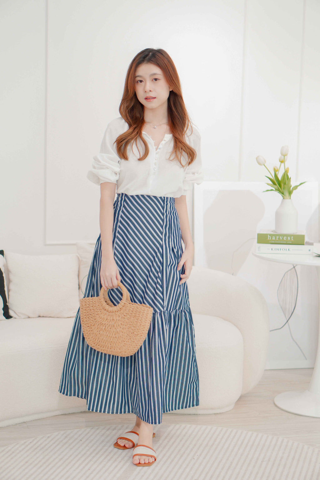 (BACKORDER) Naya Flowy Stripes Maxi Skirt in Blue