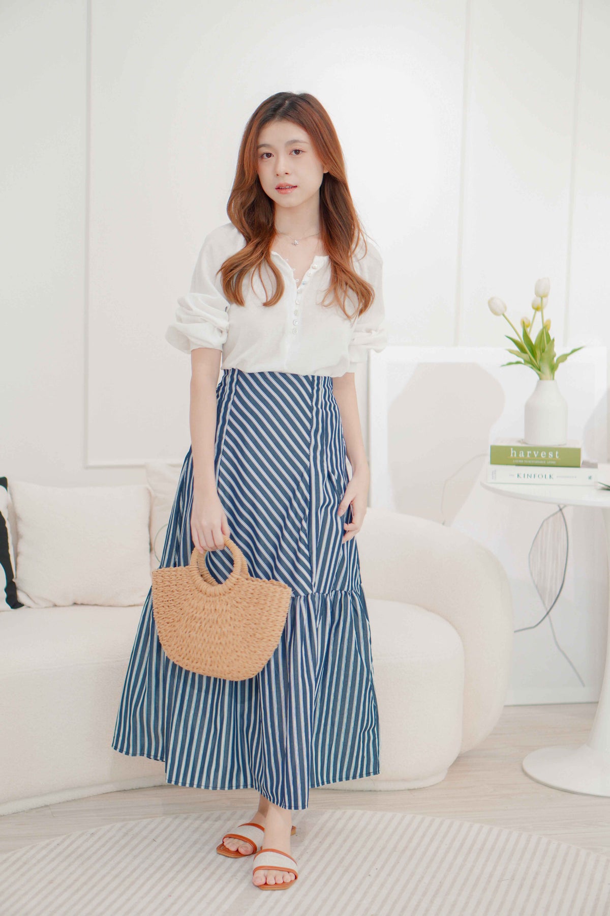 (BACKORDER) Naya Flowy Stripes Maxi Skirt in Blue
