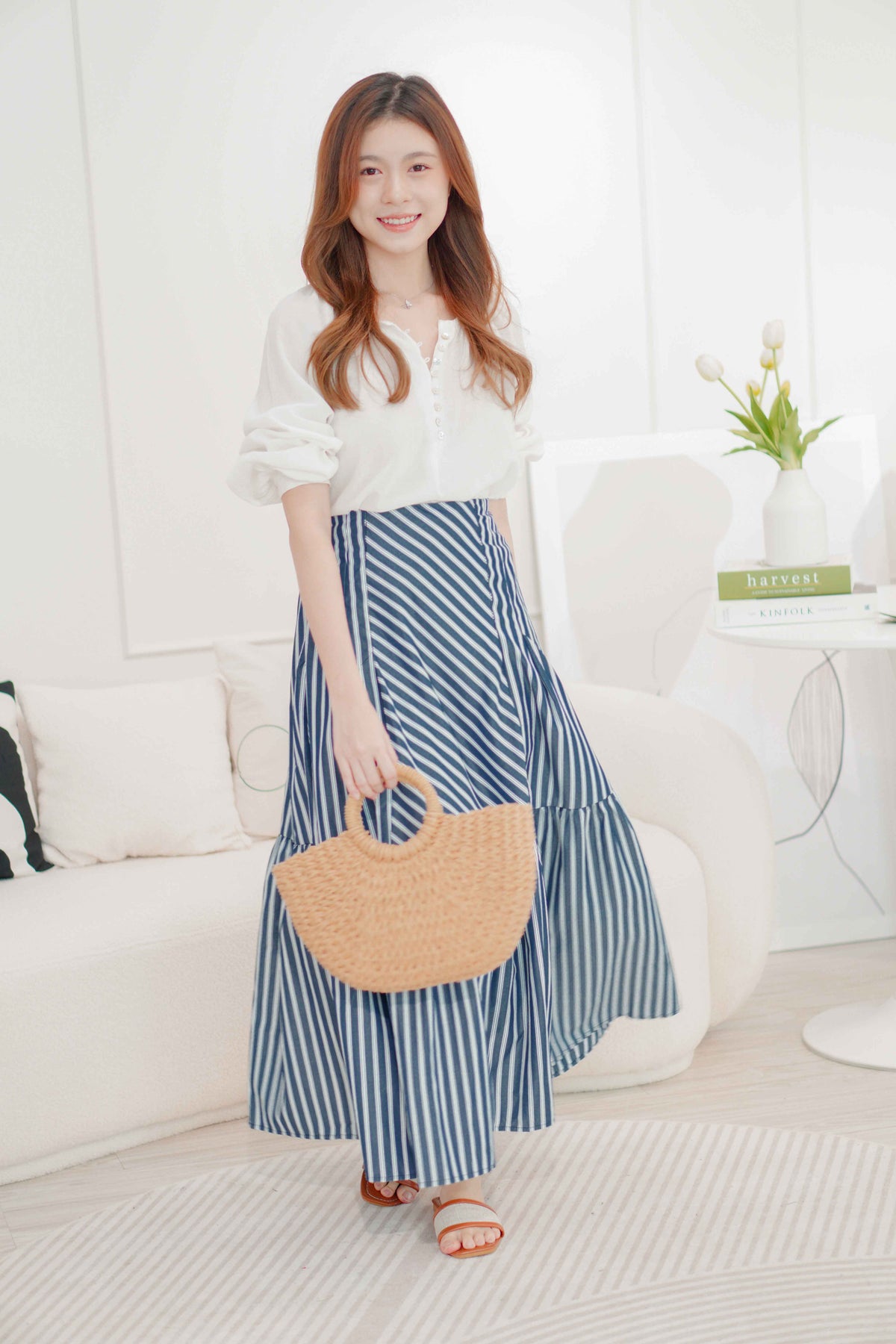(BACKORDER) Naya Flowy Stripes Maxi Skirt in Blue