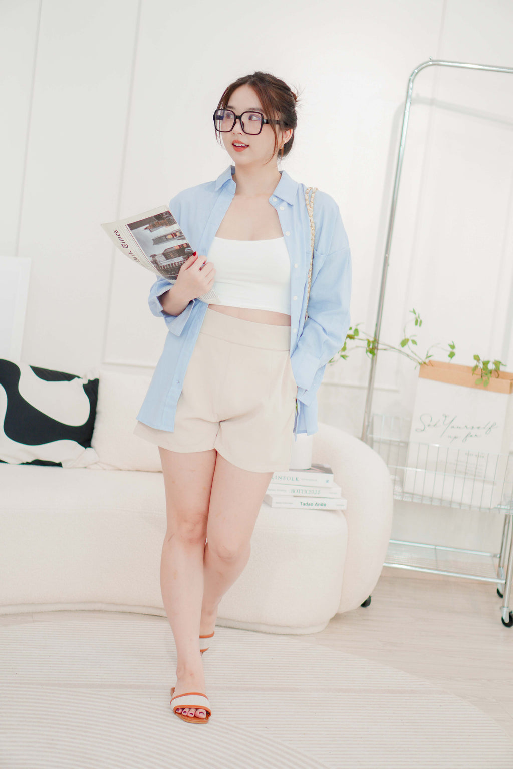 Island Resort Collar Button Down Linen Top in Blue