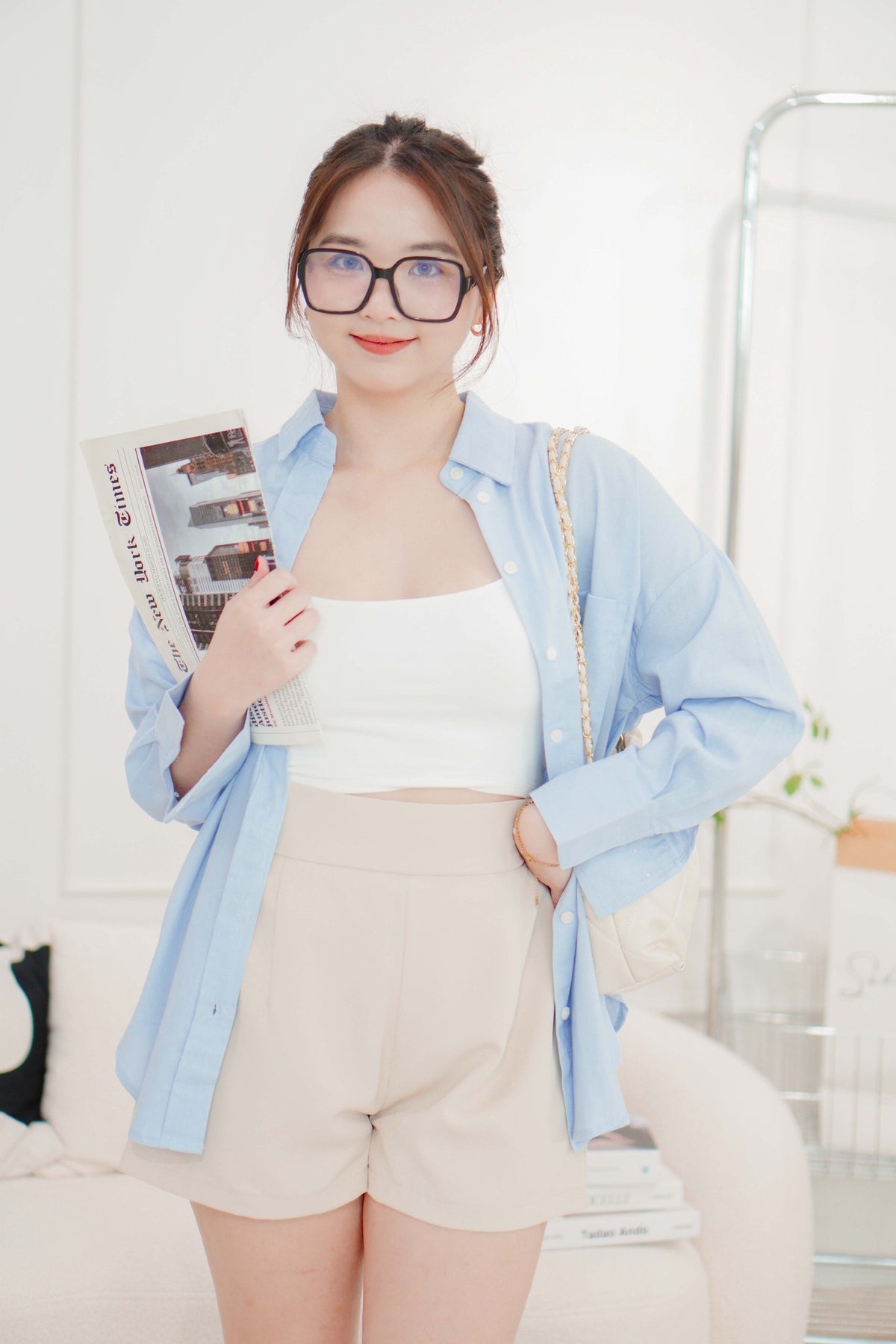 Island Resort Collar Button Down Linen Top in Blue