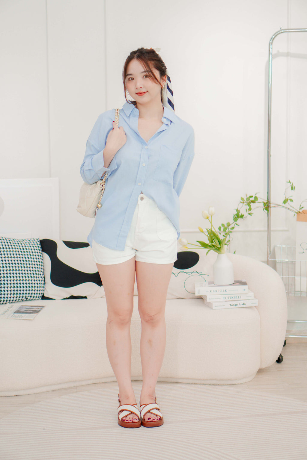 Island Resort Collar Button Down Linen Top in Blue