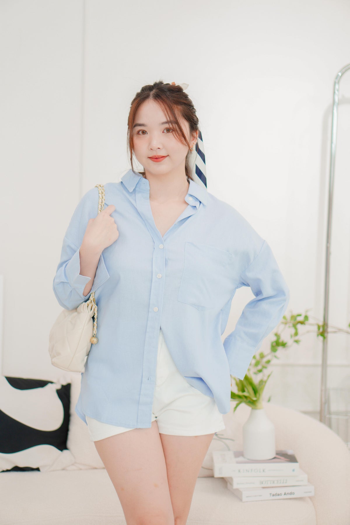 Island Resort Collar Button Down Linen Top in Blue