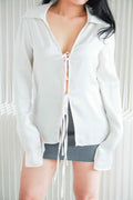 Anara Self Tied Ribbon Long Sleeve Collar Top in Cream White