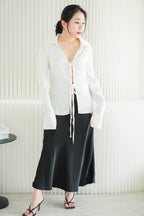 Anara Self Tied Ribbon Long Sleeve Collar Top in Cream White