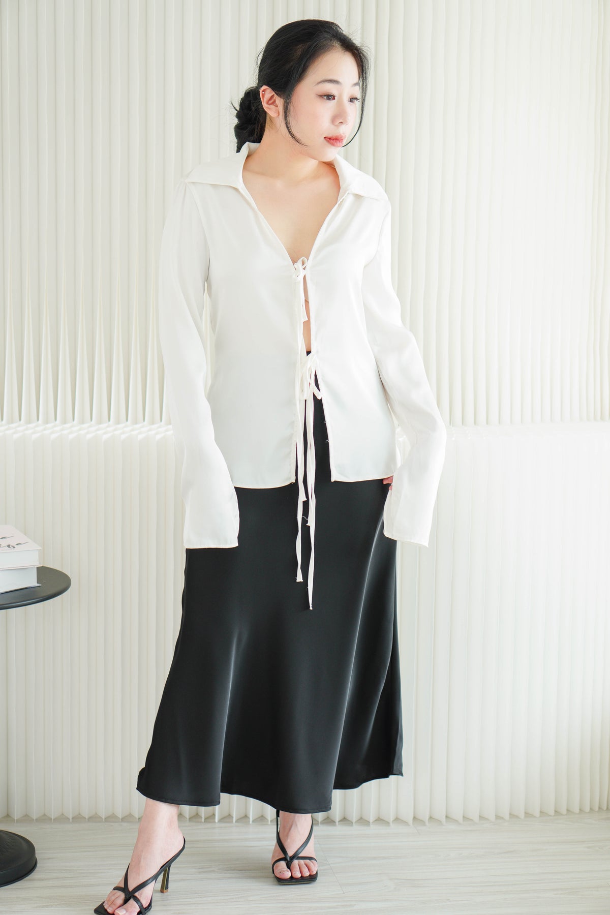 Anara Self Tied Ribbon Long Sleeve Collar Top in Cream White