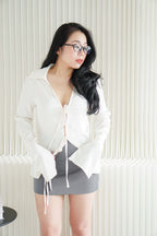 Anara Self Tied Ribbon Long Sleeve Collar Top in Cream White