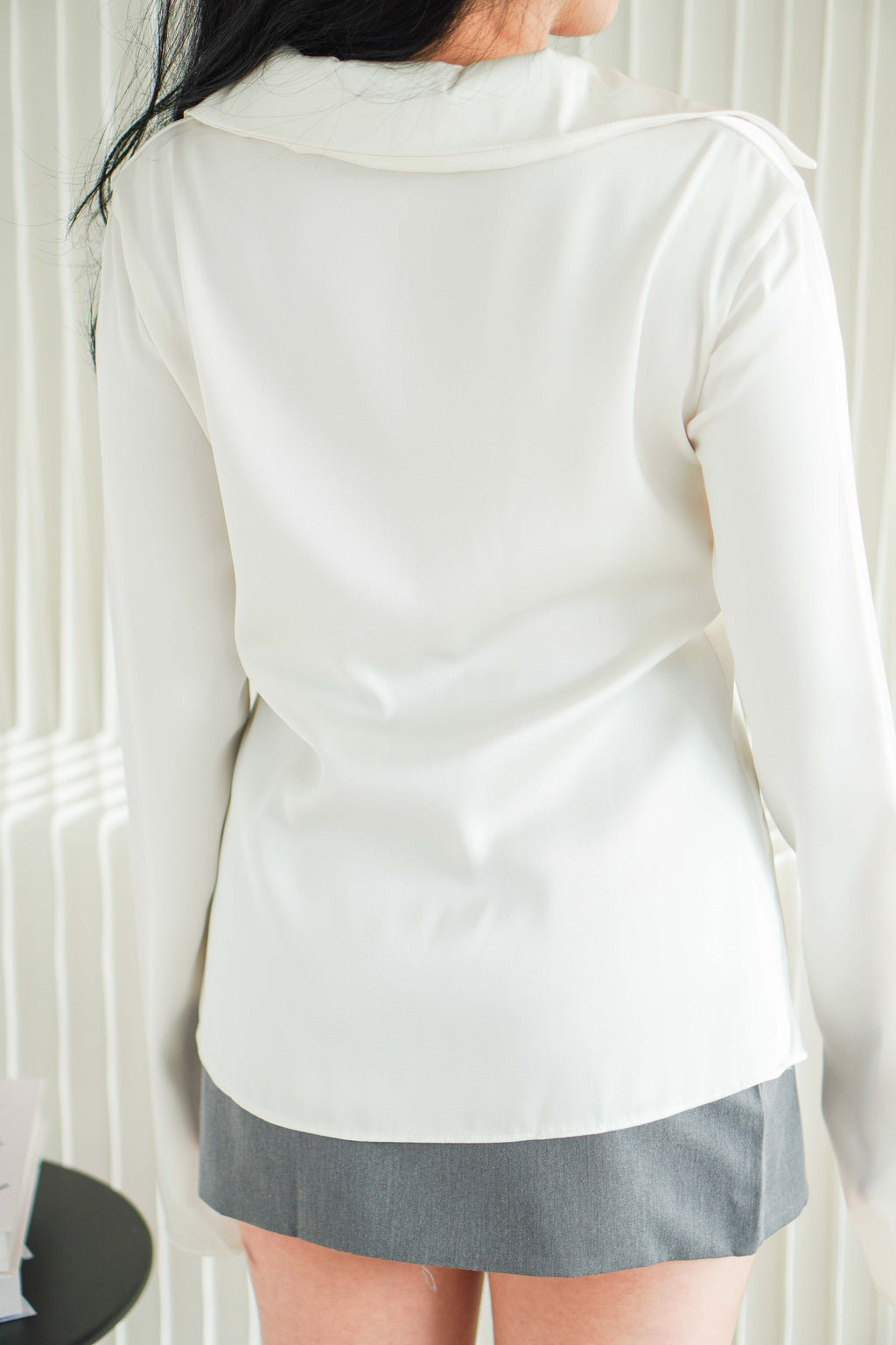 Anara Self Tied Ribbon Long Sleeve Collar Top in Cream White