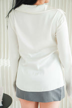 Anara Self Tied Ribbon Long Sleeve Collar Top in Cream White