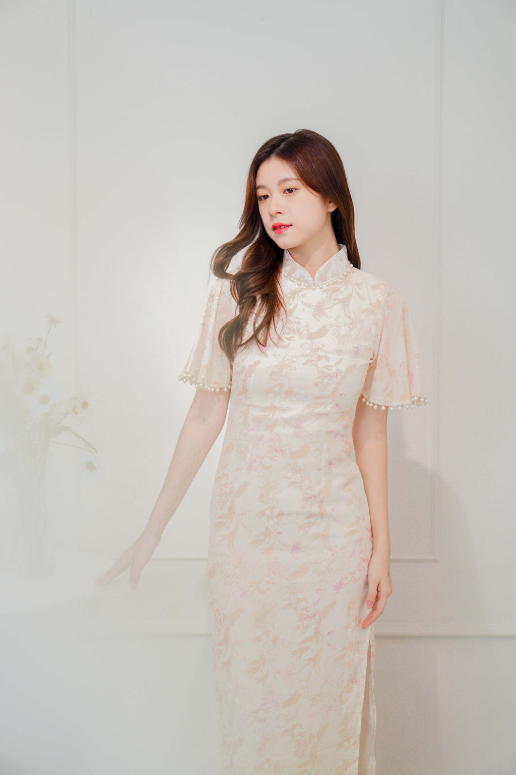 Shu Hua Long Floral Pearl Sleeves Cheongsam in Pink and Cream