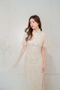 Shu Hua Long Floral Pearl Sleeves Cheongsam in Pink and Cream
