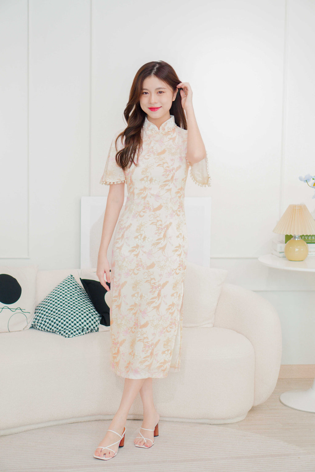 Shu Hua Long Floral Pearl Sleeves Cheongsam in Pink and Cream