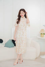 Shu Hua Long Floral Pearl Sleeves Cheongsam in Pink and Cream