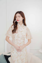 Shu Hua Long Floral Pearl Sleeves Cheongsam in Pink and Cream