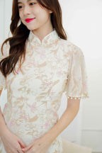 Shu Hua Long Floral Pearl Sleeves Cheongsam in Pink and Cream