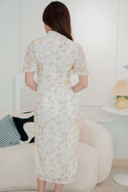 Shu Hua Long Floral Pearl Sleeves Cheongsam in Pink and Cream