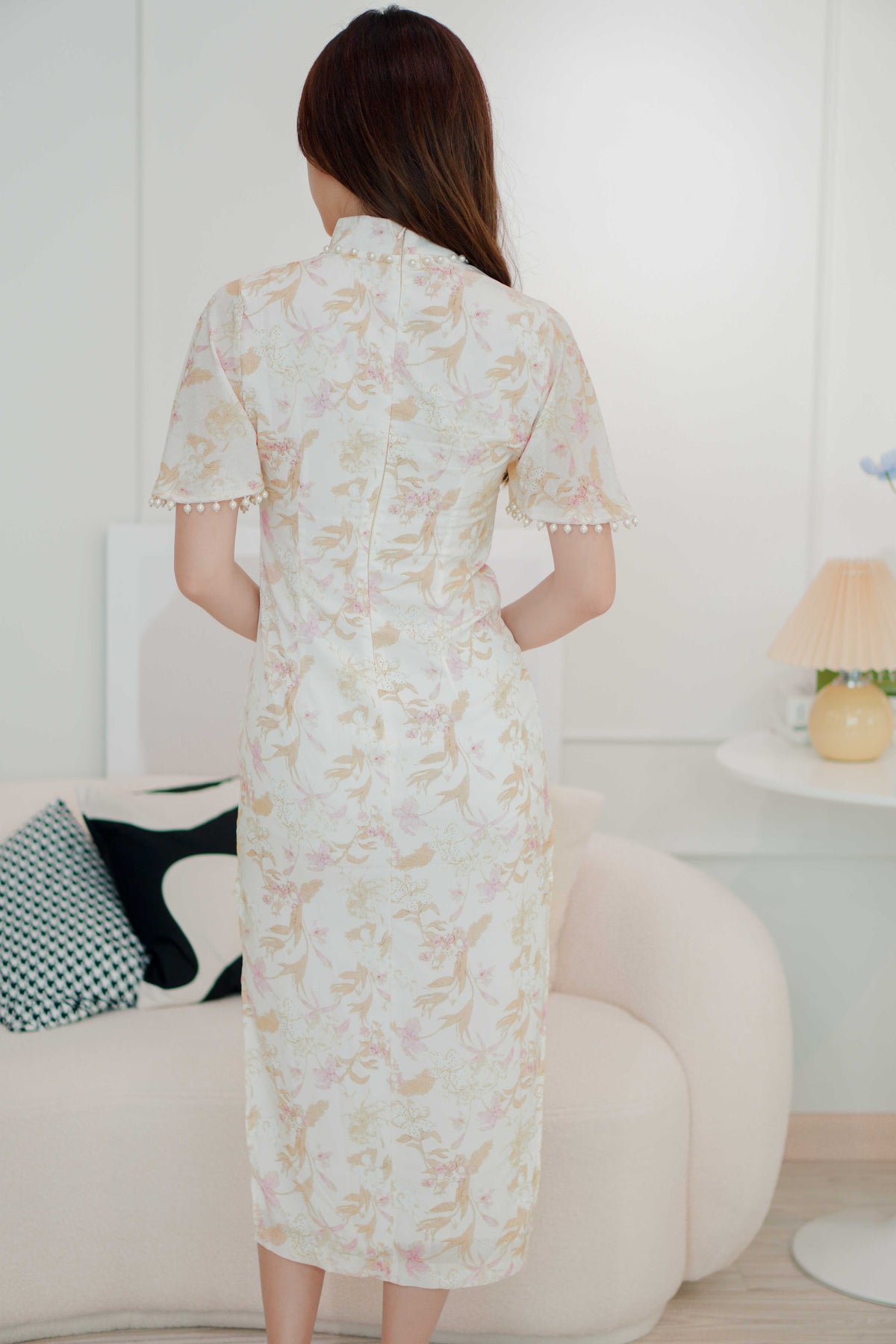 Shu Hua Long Floral Pearl Sleeves Cheongsam in Pink and Cream