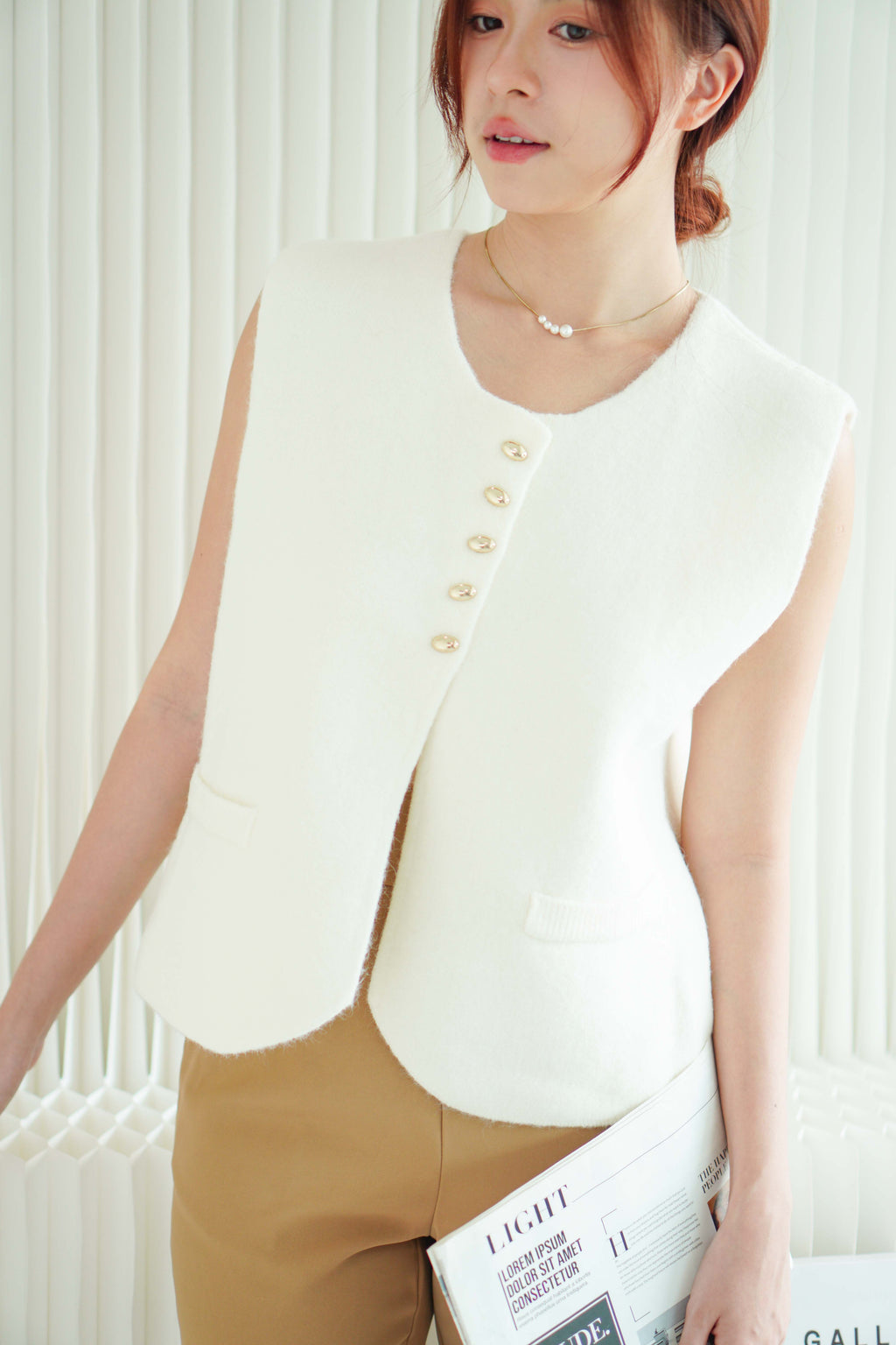 Elodie Knit Button Vest Top in White