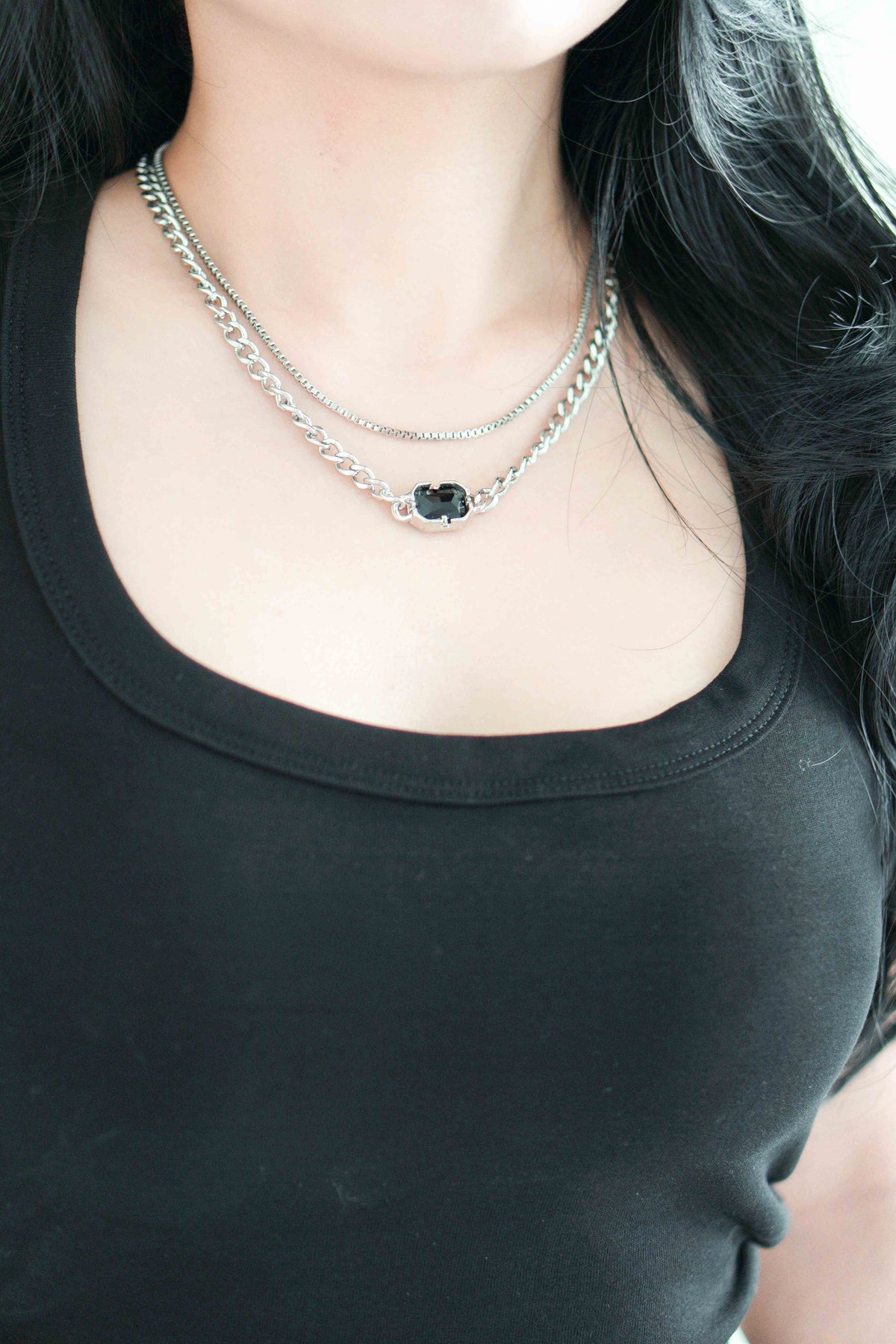 Layered Black Gem Necklace in Silver