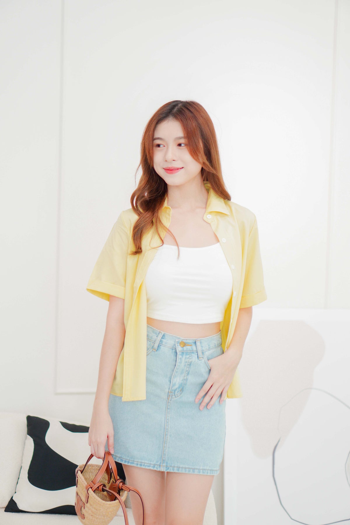Lemon Short Sleeve Collar Button Top in Yellow