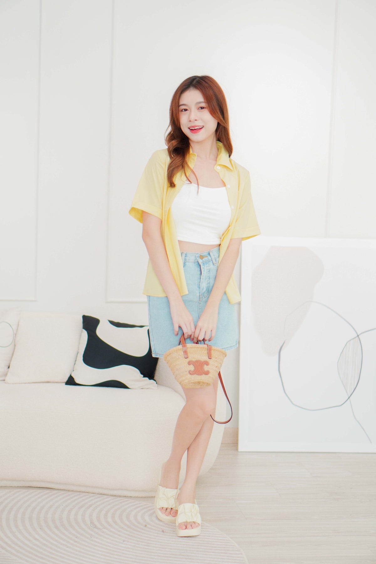 Lemon Short Sleeve Collar Button Top in Yellow