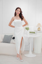 Snow Ivy Corset Tube Satin Maxi Dress in White