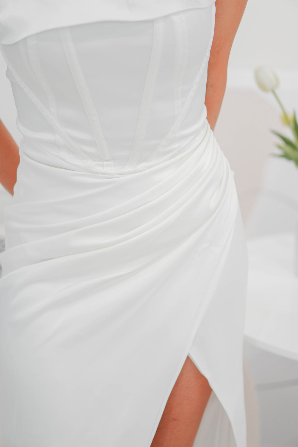 Snow Ivy Corset Tube Satin Maxi Dress in White