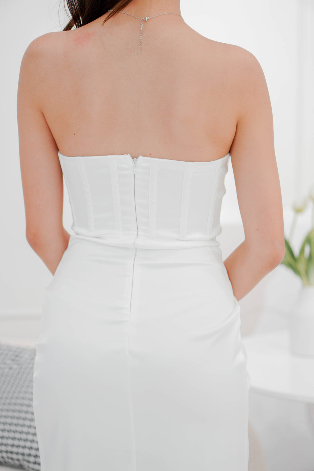 Snow Ivy Corset Tube Satin Maxi Dress in White