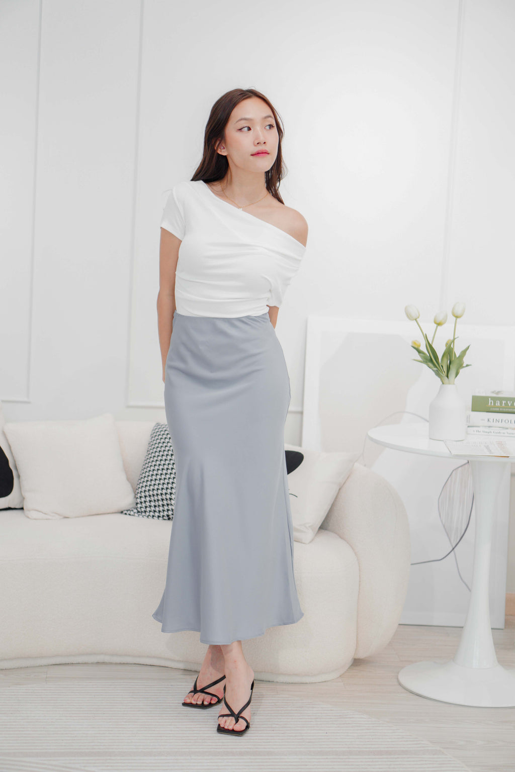 Aurum Satin Skirt in Blue Grey