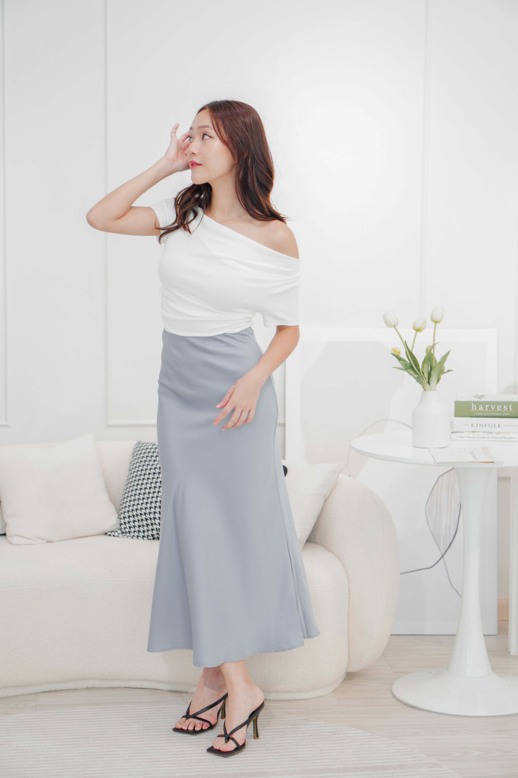 Aurum Satin Skirt in Blue Grey