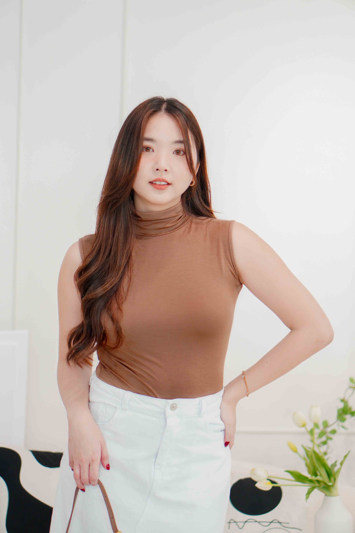 Seo High Neck Sleeveless Top in Brown
