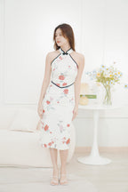 Du Long Floral Black Lining Cheongsam in Pink and Cream