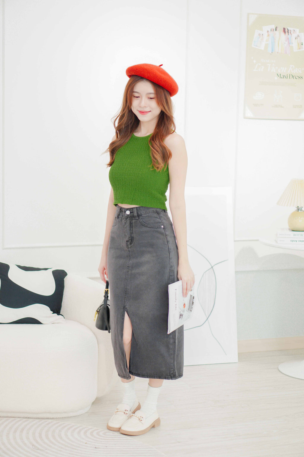 Raven Denim Midi Skirt with Slit in Black