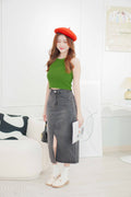 Raven Denim Midi Skirt with Slit in Black