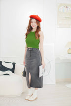 Raven Denim Midi Skirt with Slit in Black