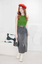 Raven Denim Midi Skirt with Slit in Black