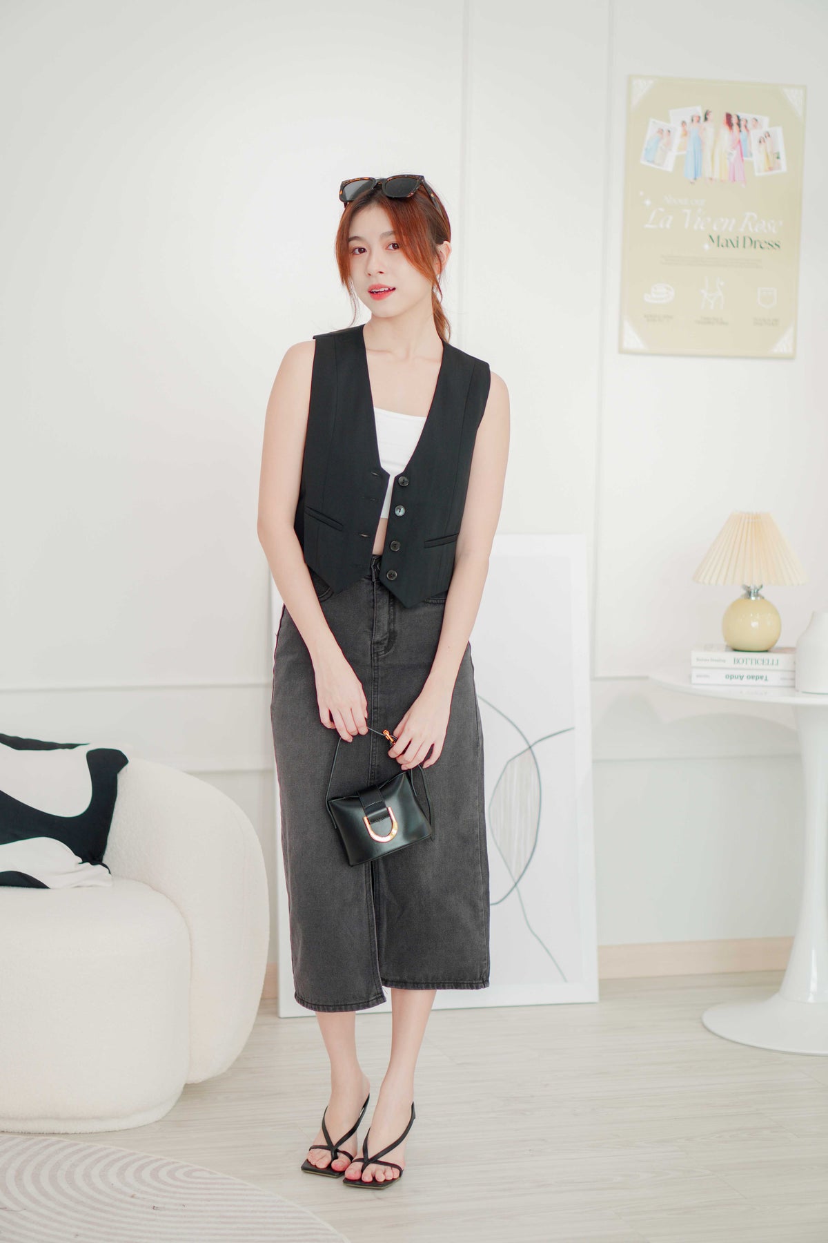 Raven Denim Midi Skirt with Slit in Black