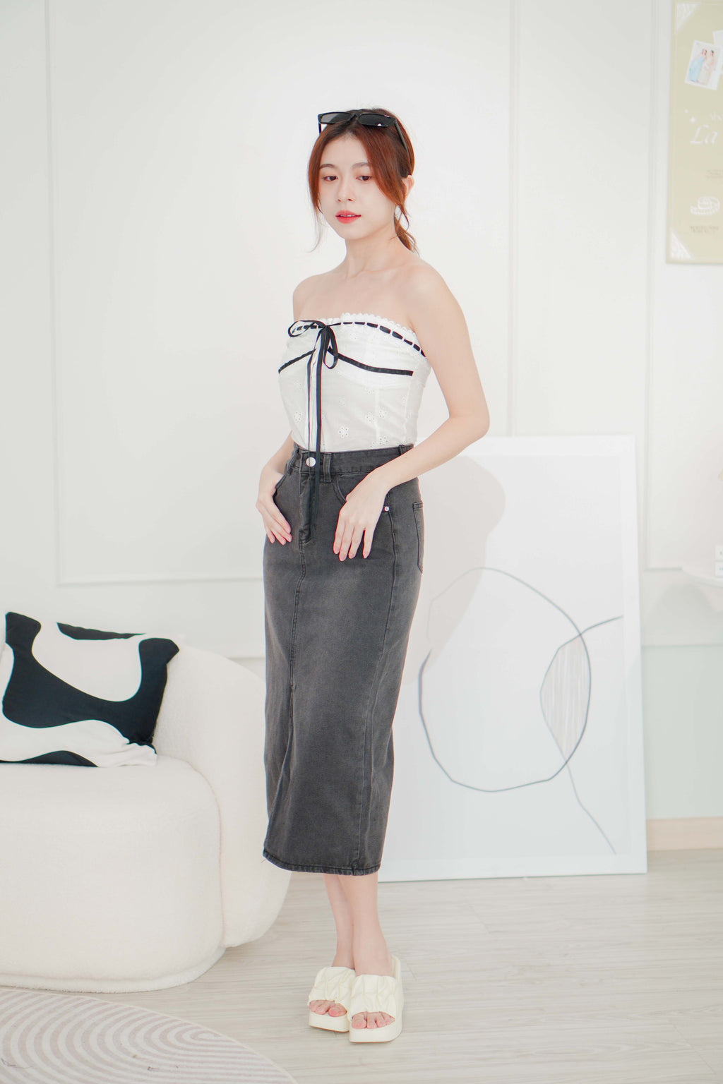 Raven Denim Midi Skirt with Slit in Black