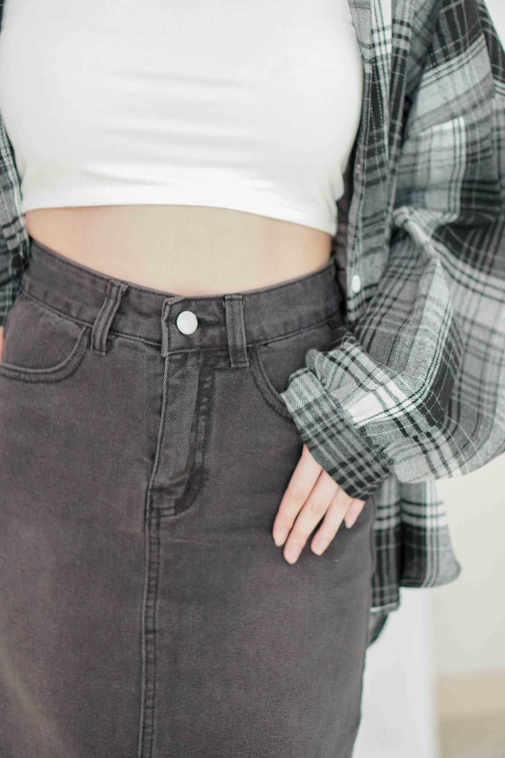 Raven Denim Midi Skirt with Slit in Black